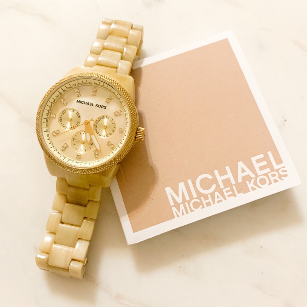 Gold Ivory horn watch with Quartz, mother of pearl